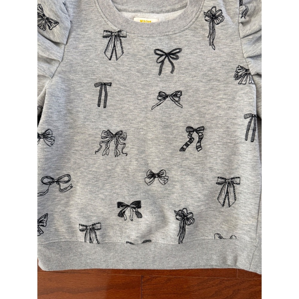 Maeve by Anthropologie Bow Print Embroidered Sweatshirt Puff Sleeve Gray Sz XS - Picture 9 of 9
